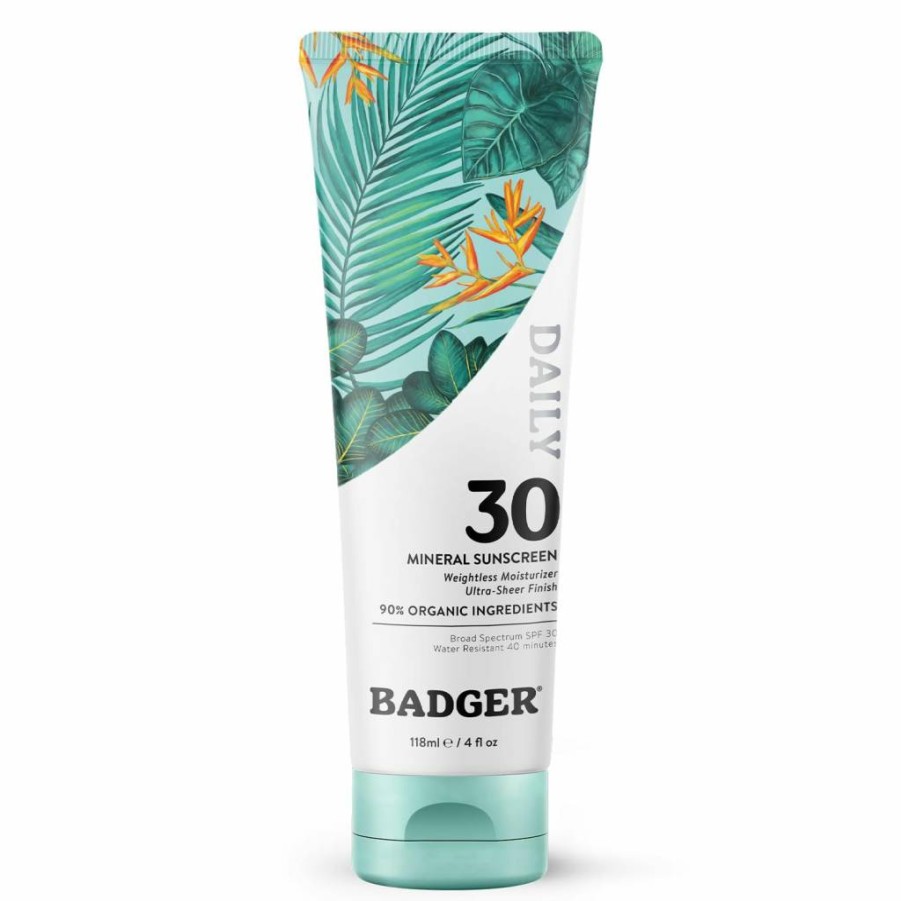 Badger SPF 30 Mineral Sunscreen with Zinc Oxide – Lightweight, Reef Safe, Vegan, Unscented, No White Cast, Certified Organic, 4 Fl Oz Tube
