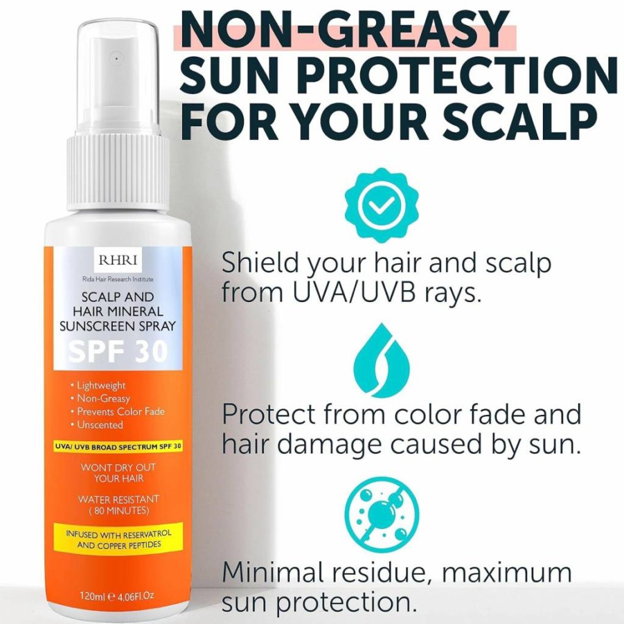 Rida Hair Research Institute SPF 30 Hair & Scalp Sunscreen Spray – Non-Greasy UV Protection, Prevents Color Fade & Dryness, Travel-Friendly (4 oz / 120 ml) for Beach & Outdoor Use