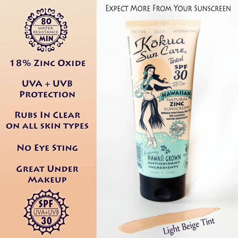 Kokua Sun Care Hawaiian Tinted Mineral Sunscreen SPF 30/80, Non-Nano Zinc Oxide, Water-Resistant, Reef Safe & Vegan Face & Body Lotion