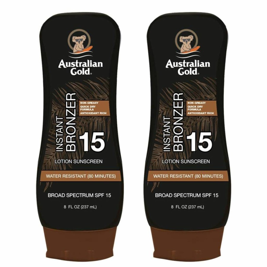 Australian Gold Instant Bronzer Sunscreen Lotion SPF 15, 8 oz – Broad Spectrum, Water Resistant, Non-Greasy Formula for a Natural Tan