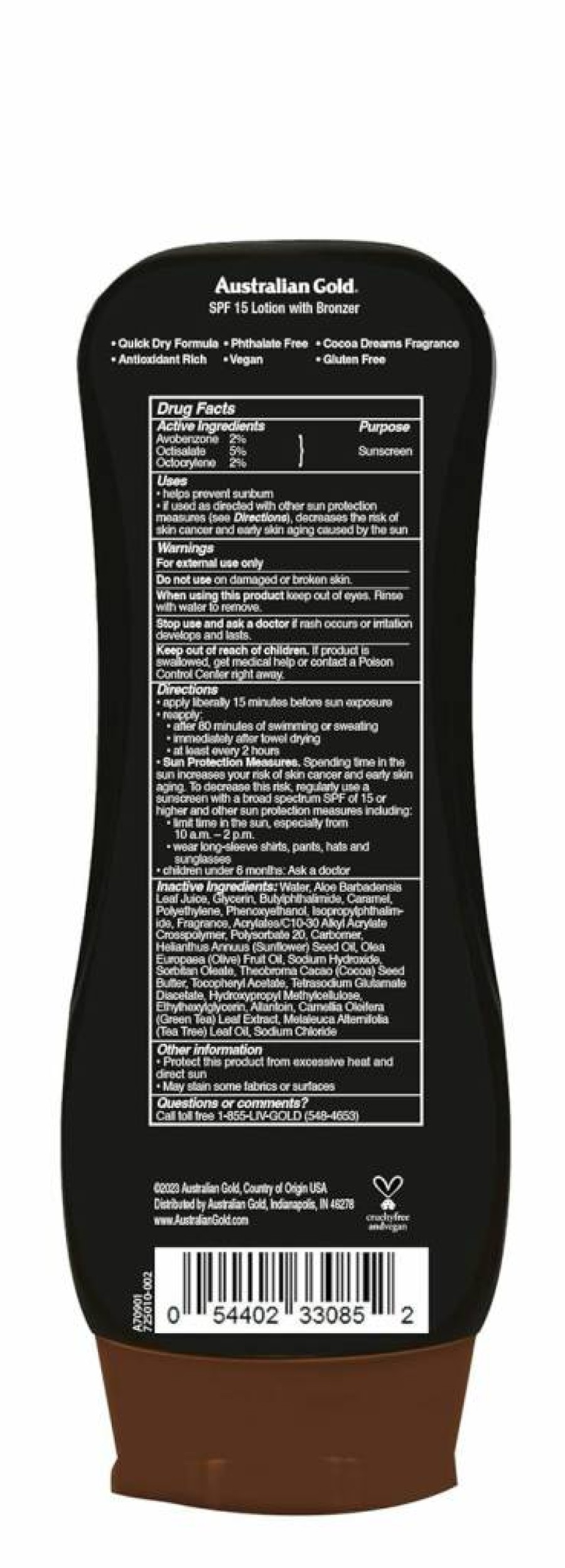 Australian Gold Instant Bronzer Sunscreen Lotion SPF 15, 8 oz – Broad Spectrum, Water Resistant, Non-Greasy Formula for a Natural Tan