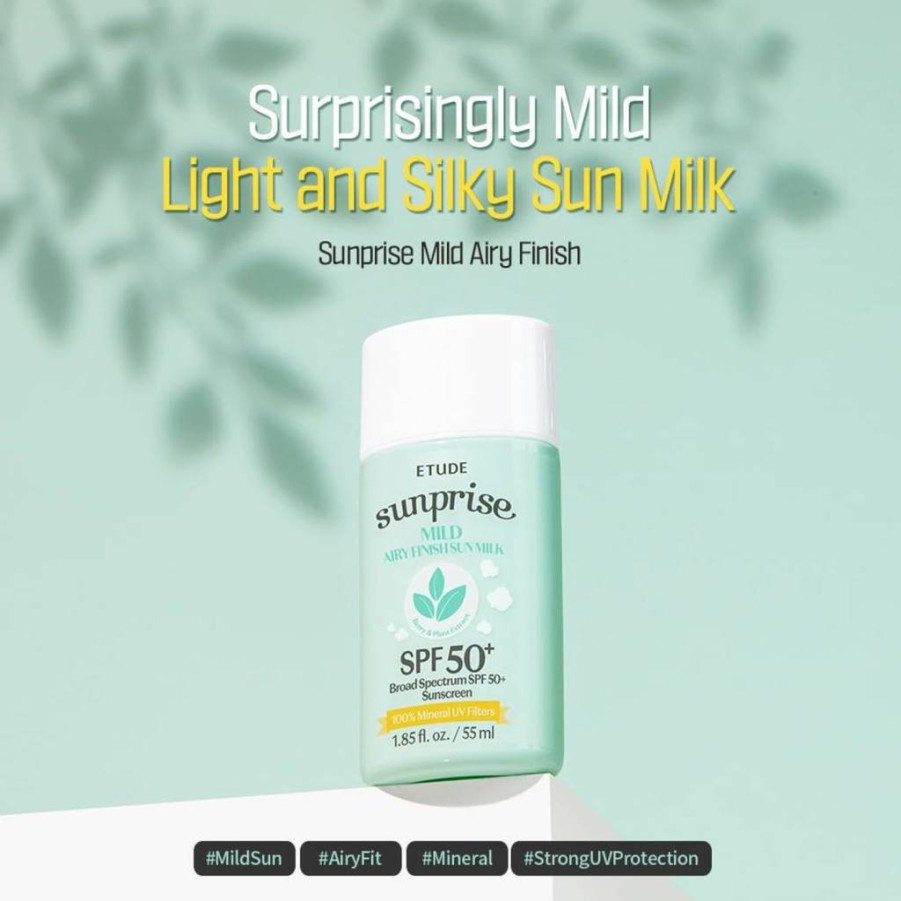 ETUDE Sunprise Mild Airy Sun Milk SPF50+ PA++++ 55ml - 100% Mineral, Oil-Free, Non-Sticky Korean Sunscreen for Sensitive Skin, Long Lasting Protection