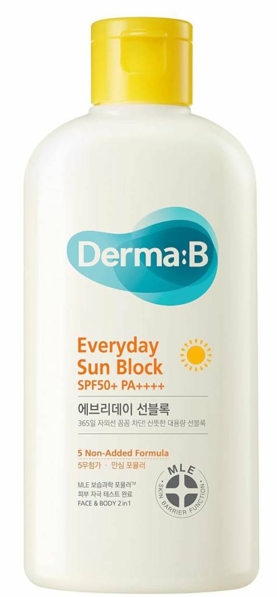 Derma B Everyday Sun Block SPF50+ PA++++ 200ml Fast-Absorbing Lightweight Moisturizer for Face & Body, Non-Sticky Korean Sunscreen Lotion for Dewy Skin Protection