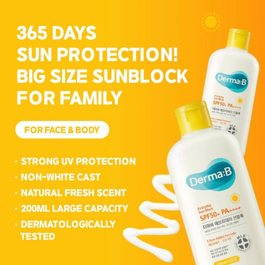 Derma B Everyday Sun Block SPF50+ PA++++ 200ml Fast-Absorbing Lightweight Moisturizer for Face & Body, Non-Sticky Korean Sunscreen Lotion for Dewy Skin Protection
