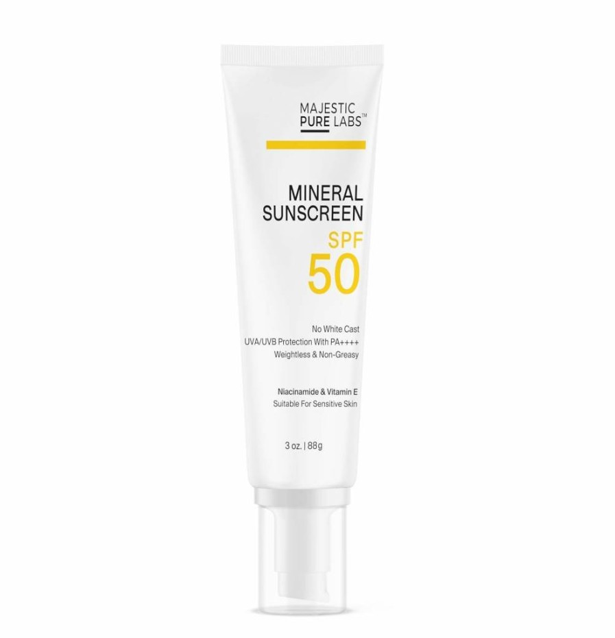 Majestic Pure Labs Mineral Sunscreen SPF 50 with Zinc Oxide & Titanium Dioxide - UVA/UVB Protection, No White Cast, Vitamin E & Niacinamide for Healthy Glow, 3 Oz