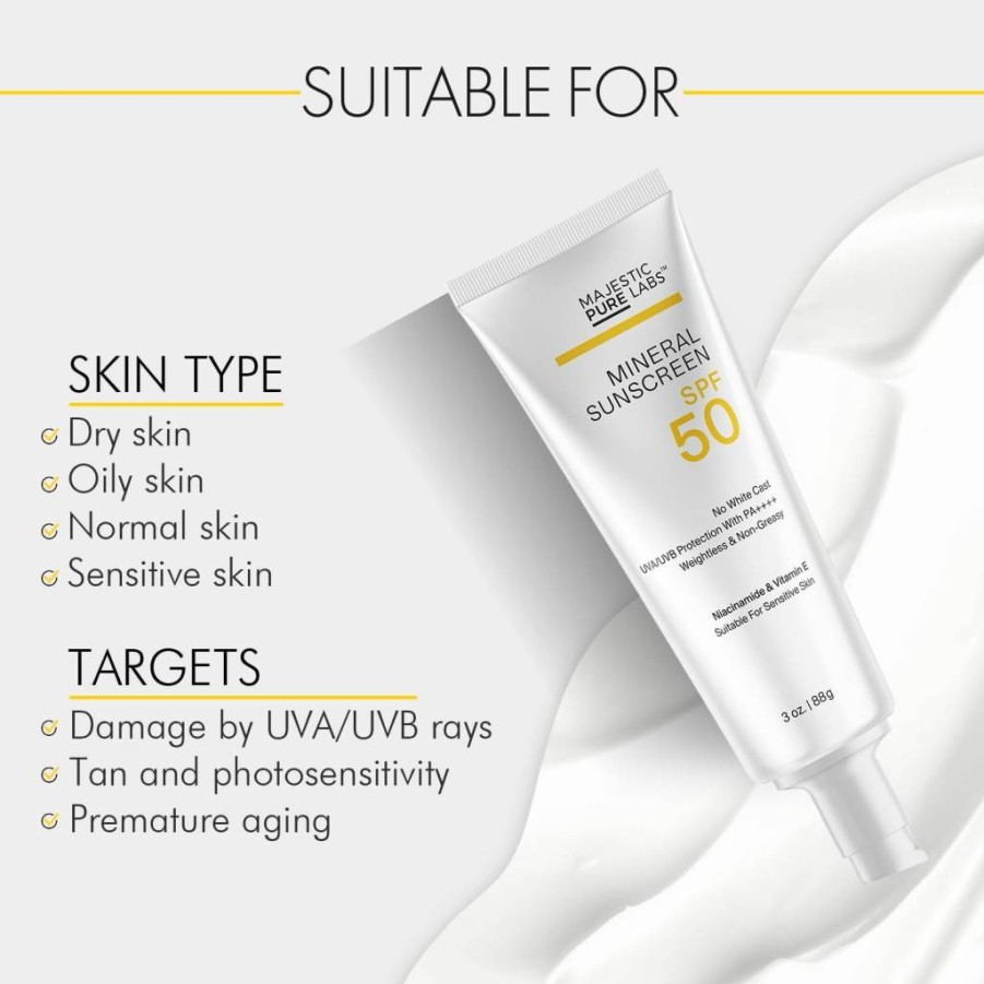 Majestic Pure Labs Mineral Sunscreen SPF 50 with Zinc Oxide & Titanium Dioxide - UVA/UVB Protection, No White Cast, Vitamin E & Niacinamide for Healthy Glow, 3 Oz