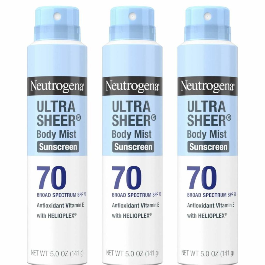 Neutrogena Ultra Sheer SPF 70 Body Mist Sunscreen Spray – Broad Spectrum UVA/UVB Protection, Lightweight, Water Resistant, Non-Greasy, Oil-Free, Non-Comedogenic, 5 Oz (Pack of 3)