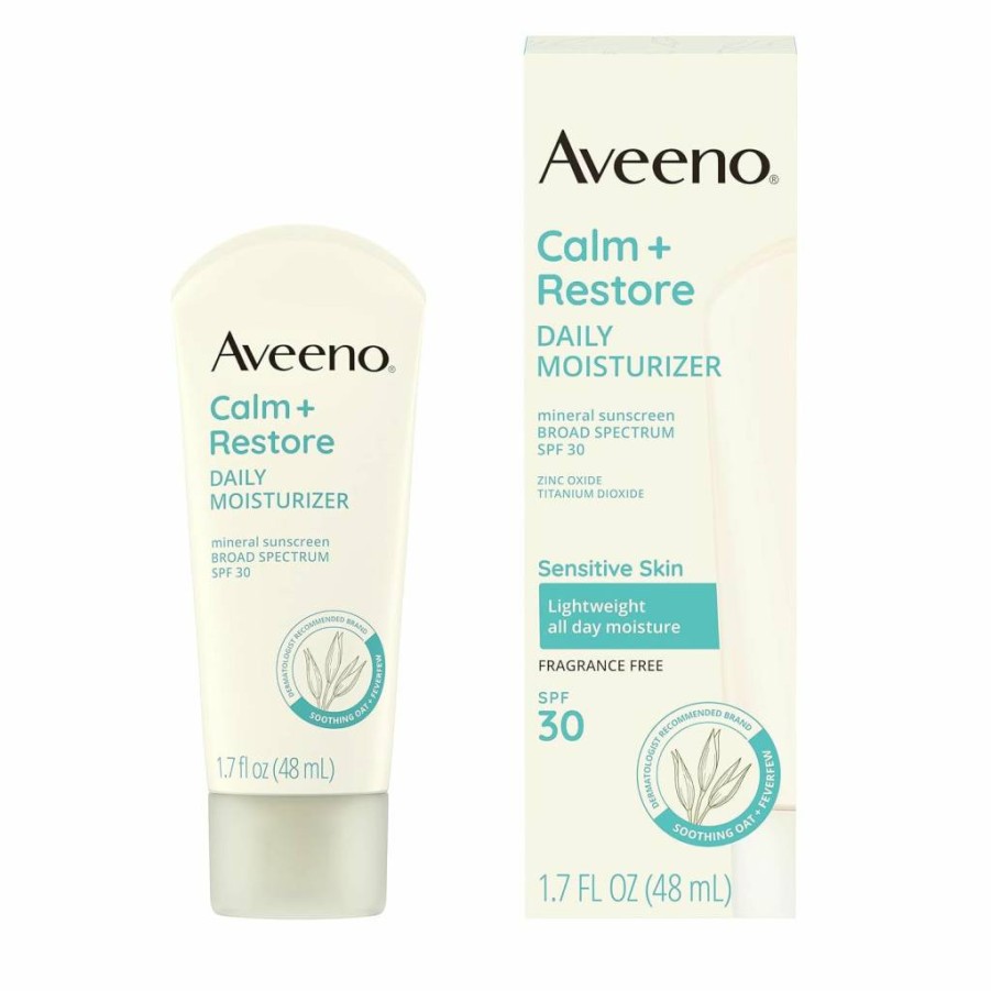 Aveeno Calm + Restore SPF 30 Mineral Sunscreen for Sensitive Skin – Fragrance-Free, Lightweight Daily Moisturizer with Broad Spectrum UVA/UVB Protection, 1.7 Fl Oz