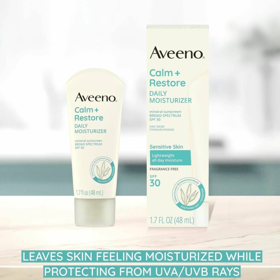 Aveeno Calm + Restore SPF 30 Mineral Sunscreen for Sensitive Skin – Fragrance-Free, Lightweight Daily Moisturizer with Broad Spectrum UVA/UVB Protection, 1.7 Fl Oz