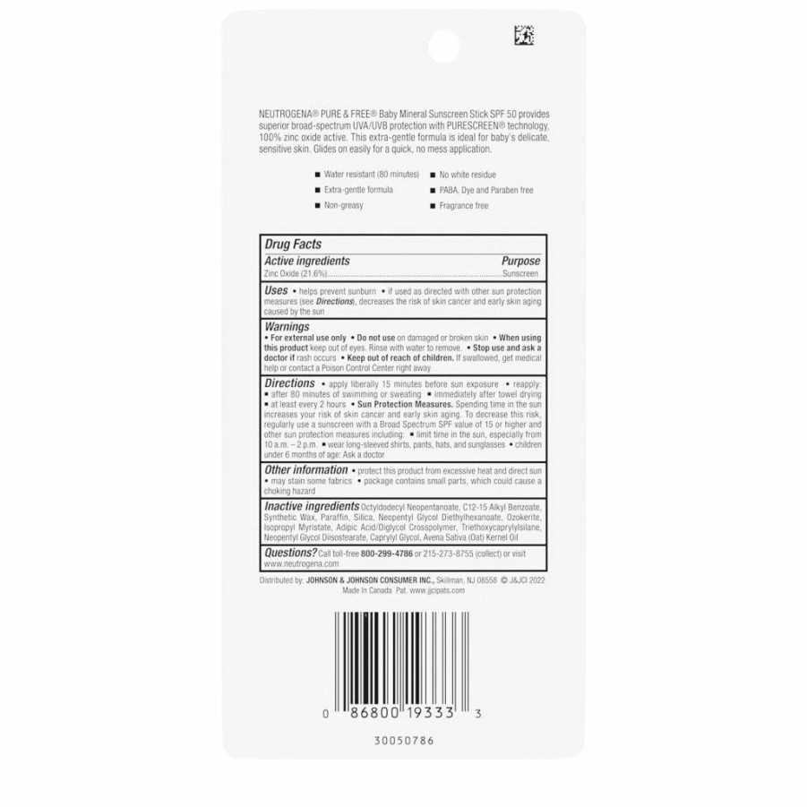 Neutrogena Baby Mineral Sunscreen Stick SPF 50, Broad Spectrum, Water-Resistant, Hypoallergenic, Zinc Oxide, Fragrance-Free, Paraben-Free, 0.47 Oz (2 Pack) for Face & Body