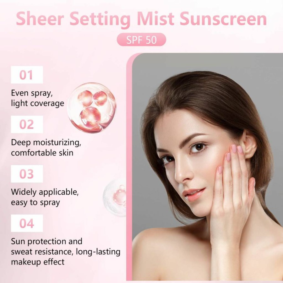 Teqnizo 2Pcs SPF 50 Sheer Setting Mist Spray, Broad Spectrum Water-Resistant Face & Body Sunscreen, Hydrating Makeup-Friendly Glow, Non-Greasy Fast-Absorbing, Makeup Setting Spray