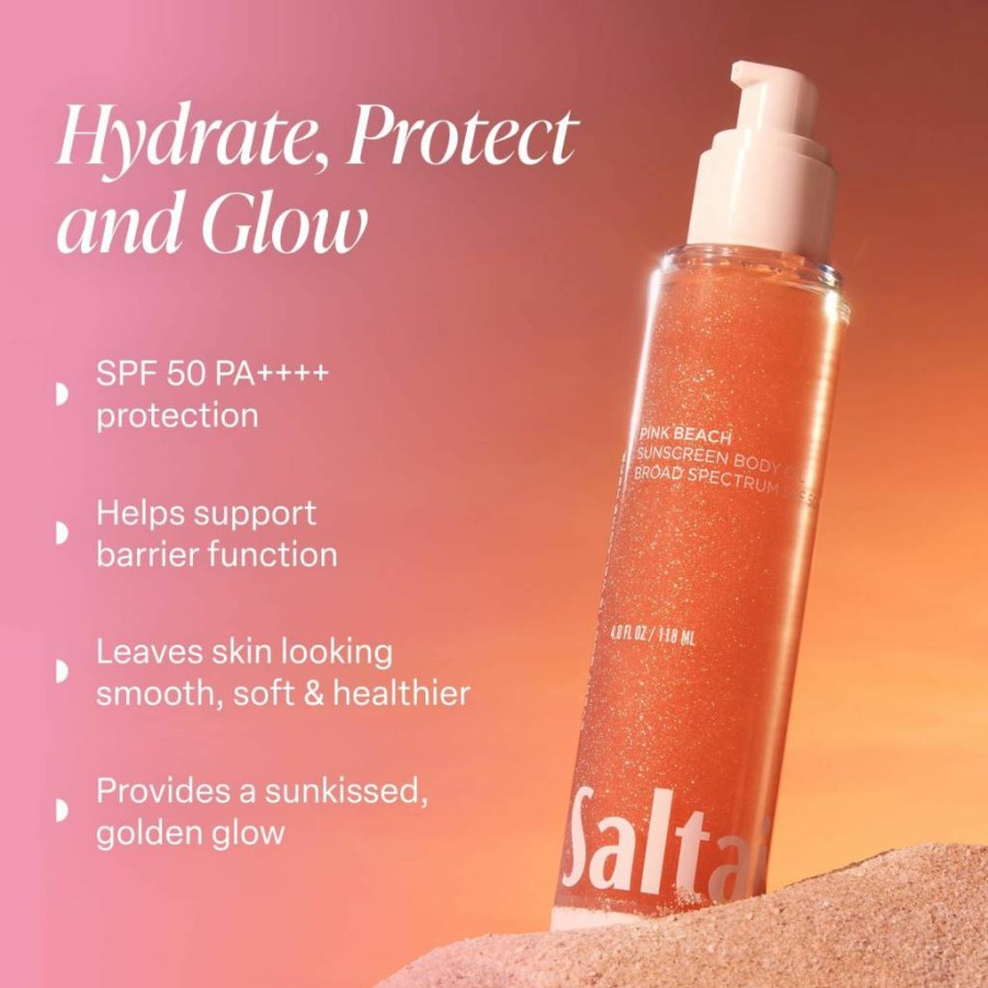 Saltair SPF 50 Body Oil - Broad Spectrum Sunscreen PA++++ with Kukui & Mongongo Extracts, Lightweight Dry Oil for Moisturizing Sun Protection, Pink Beach Scent, 4 Fl Oz