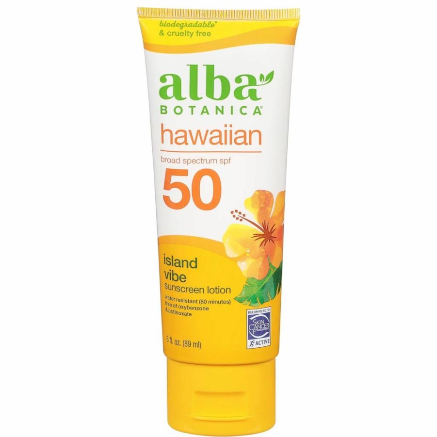 Alba Botanica Hawaiian Sunscreen Lotion SPF 50, Island Vibe Scent, 3 oz - Broad Spectrum UVA/UVB Protection, Water-Resistant, Vegan & Cruelty-Free