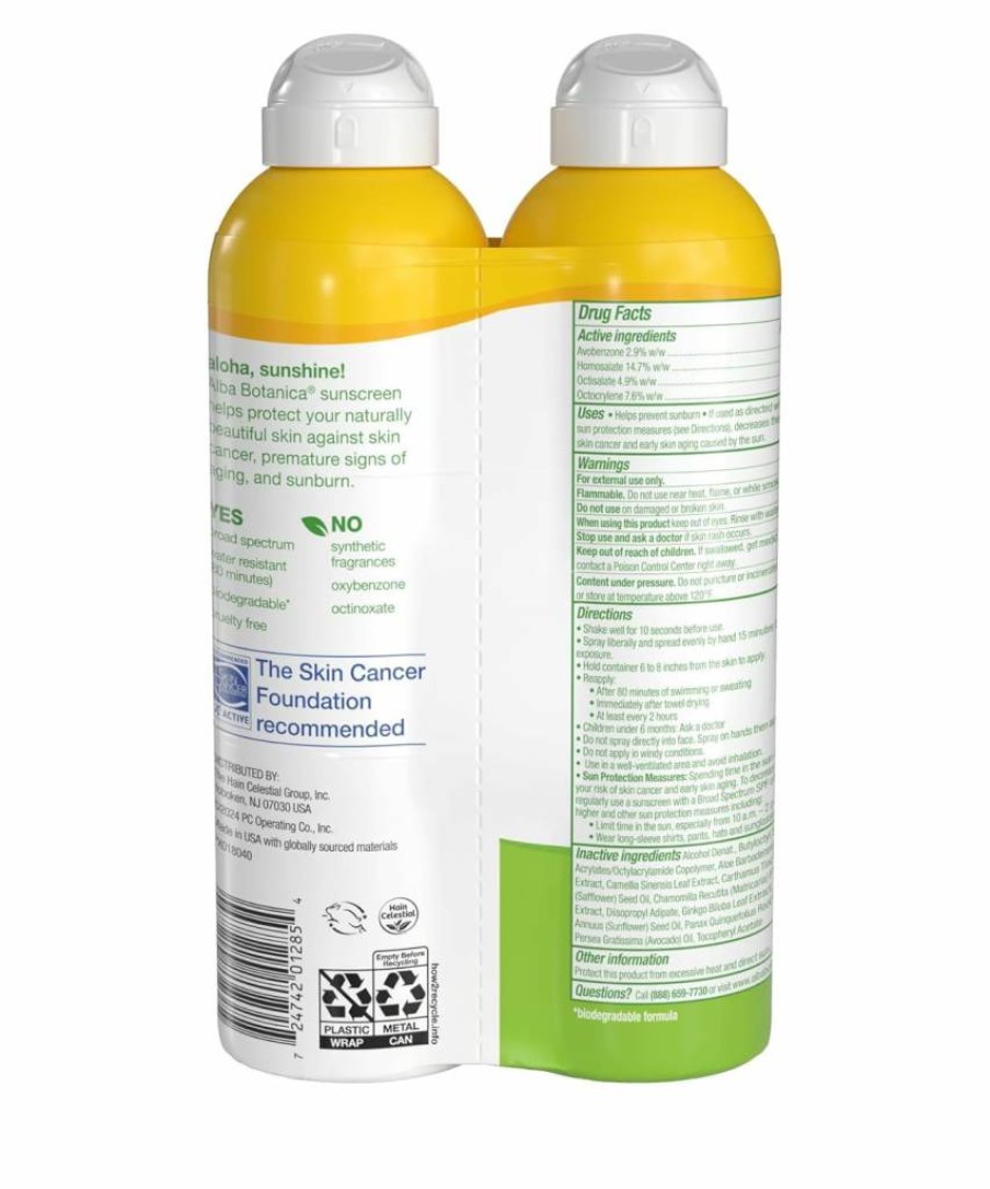 Alba Botanica Fragrance-Free Sensitive Sunscreen Spray SPF 50 for Face & Body, Water Resistant, 5 Oz (Pack of 2)