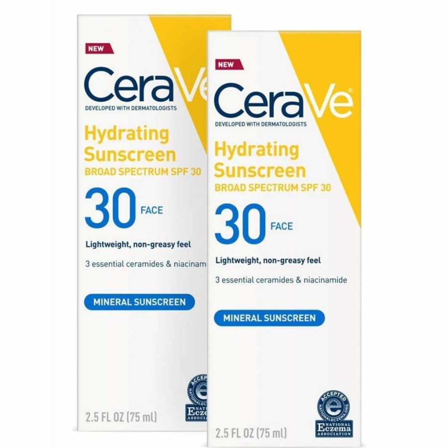 CeraVe Mineral Sunscreen SPF 30 for Sensitive Skin with Zinc Oxide & Titanium Dioxide, Oil-Free Face Sunscreen, 2.5 Fl Oz (Pack of 2)