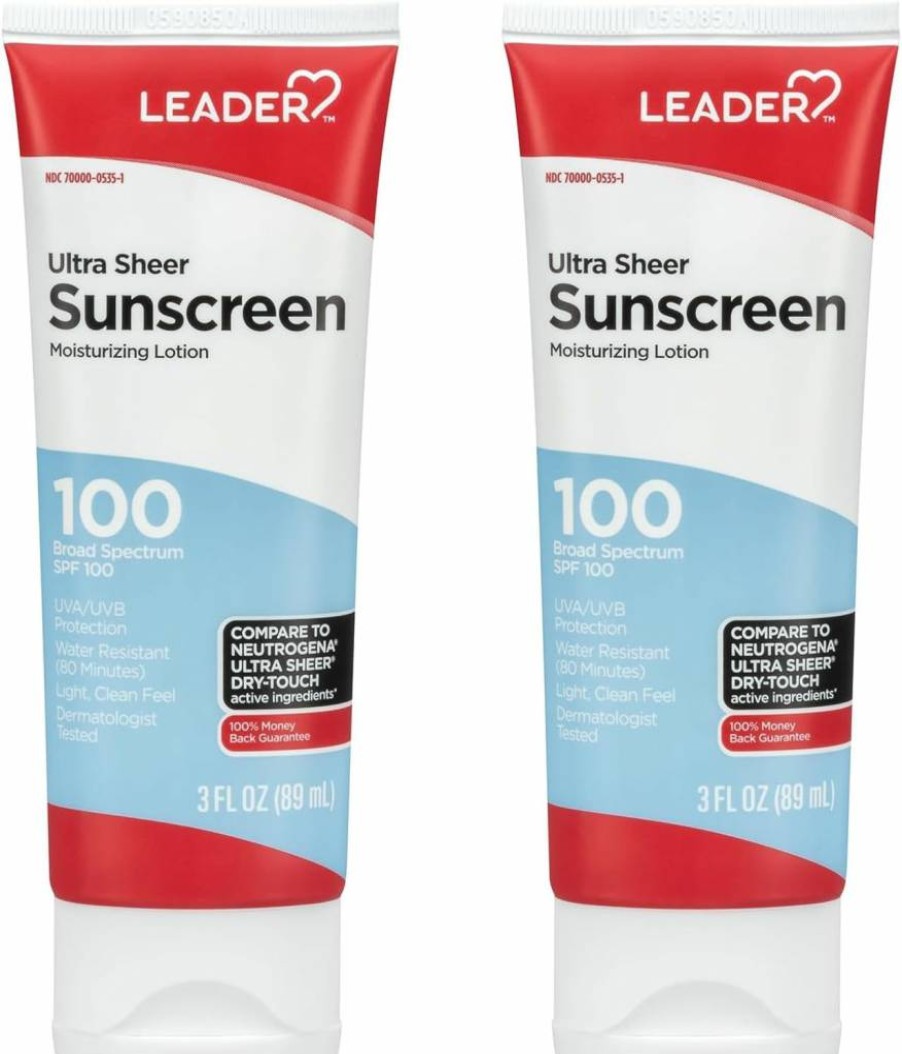 Leader SPF 100+ Sunscreen Lotion – Broad Spectrum, Water Resistant, Non-Greasy, Ultra Sheer Dry-Touch – Travel Size 3oz (2-Pack)