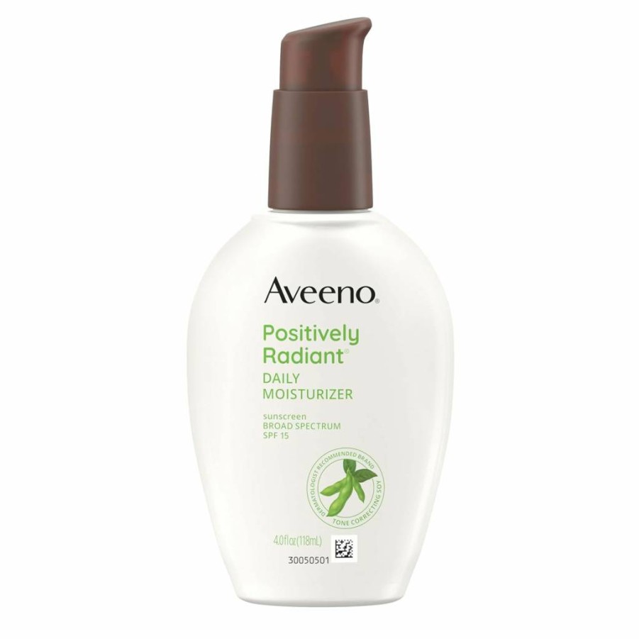 Aveeno Positively Radiant Daily Facial Moisturizer with SPF 15, Soy Extract for Even Skin Tone & Texture, Hypoallergenic, Oil-Free, 4 Fl Oz