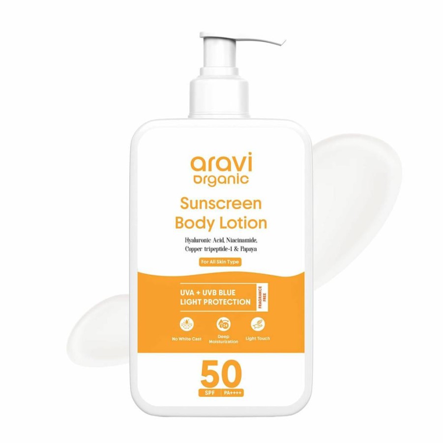 Aravi Organic Oil-Free Sunscreen Lotion SPF 50 PA++++ | Lightweight, Non-Greasy, No White Cast | UVA/UVB Broad Spectrum Protection | Infused with Niacinamide, Hyaluronic Acid & Copper Tripeptide | 200ml
