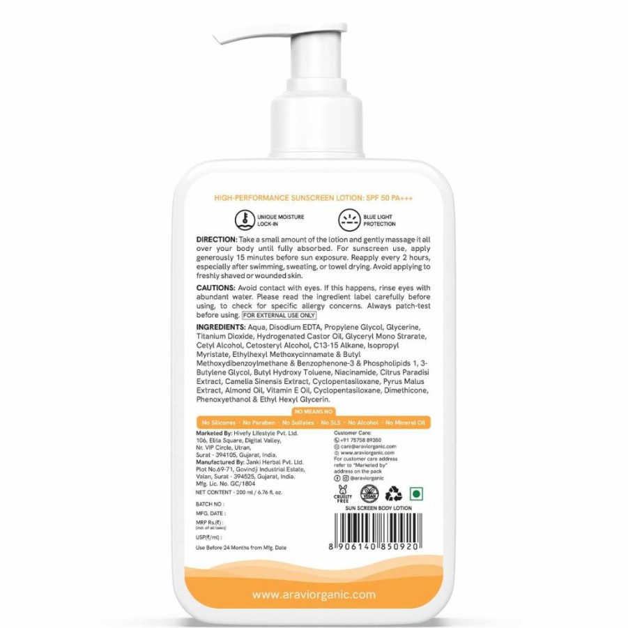 Aravi Organic Oil-Free Sunscreen Lotion SPF 50 PA++++ | Lightweight, Non-Greasy, No White Cast | UVA/UVB Broad Spectrum Protection | Infused with Niacinamide, Hyaluronic Acid & Copper Tripeptide | 200ml