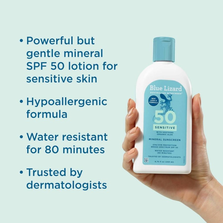 BLUE LIZARD Sensitive Mineral Sunscreen SPF 50+ with Zinc Oxide, UVA/UVB Protection, Water Resistant, Fragrance Free, 8.75 oz – Smart Bottle Technology
