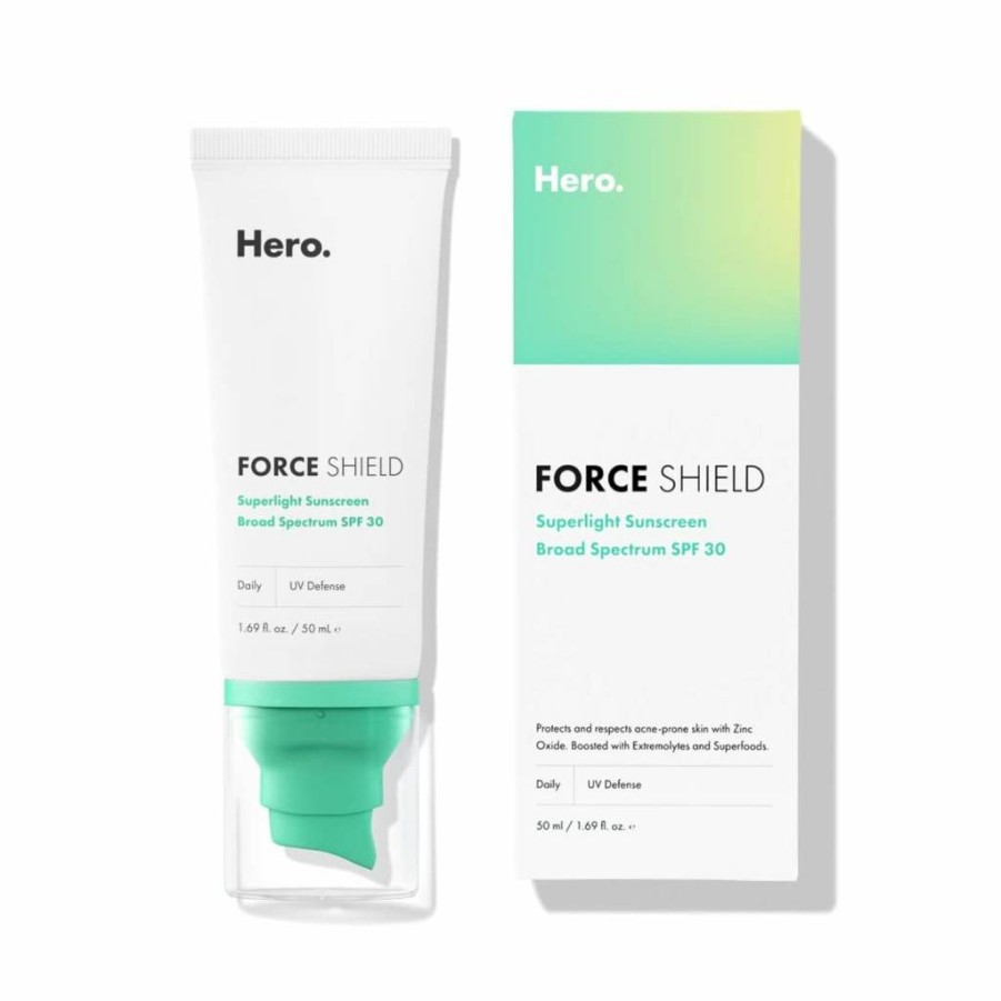 HERO COSMETICS Force Shield Superlight SPF 30 Sunscreen for Acne-Prone Skin, Zinc Oxide, Green Surge, Extremolytes, Fragrance Free, Reef Safe, 50ml
