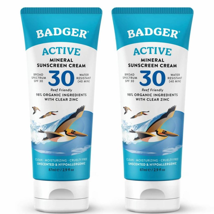Badger SPF 30 Mineral Sunscreen Cream, Zinc Oxide, 98% Organic, Reef Safe, Water Resistant, Unscented Face & Body Sunscreen, Travel Size 2.9 Fl Oz