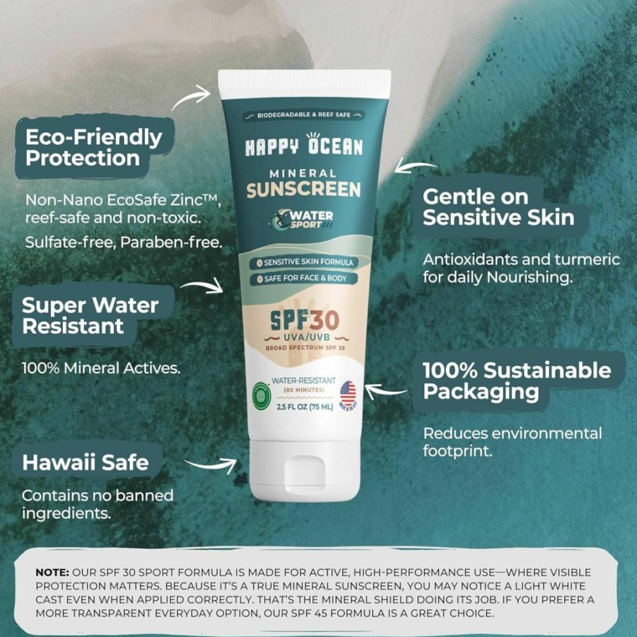 Happy Ocean SPF 30 Tinted Mineral Sunscreen for Face & Body – Reef Safe, Biodegradable, Non-Toxic, Travel Size 2.5 Fl Oz