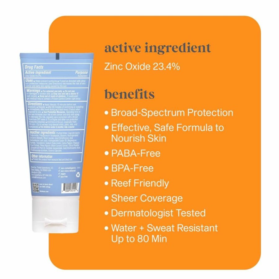 THINK SPF 50 Mineral Sunscreen with Zinc Oxide – 2 Fl Oz, Water Resistant, Reef Safe, Broad Spectrum UVA/UVB Protection, Non-Greasy & Lightweight