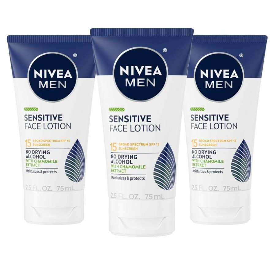 Nivea Men Sensitive Face Lotion SPF 15 Broad Spectrum Sunscreen, 3 Pack (2.5 Fl Oz Each) for Men's Daily Moisturizing & Sun Protection
