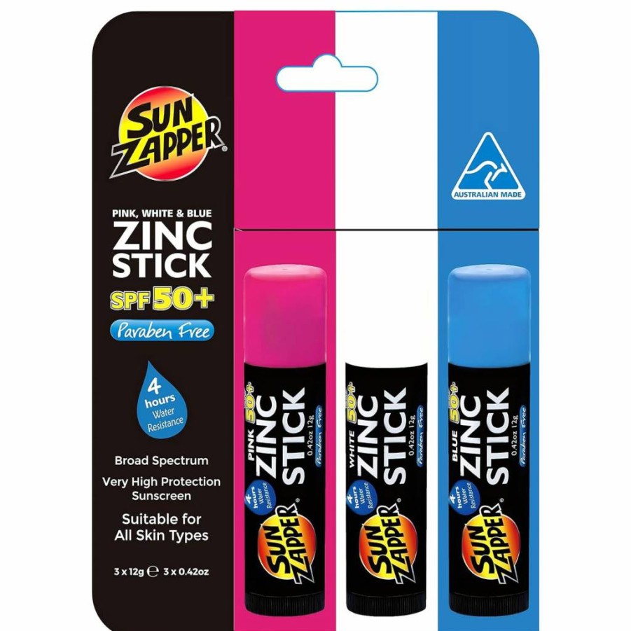 Sun Zapper Zinc Oxide Sunscreen Stick SPF 50+ (3-Pack, Pink, White, Blue) – Waterproof, Travel Size for Face & Body – Adults, Kids, Baby – Made in Australia