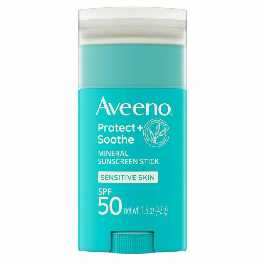 Aveeno Mineral Sunscreen Stick SPF 50 for Sensitive Skin, Fragrance-Free Zinc Oxide & Oat, Water-Resistant 80 Min, Travel Size 1.5 Oz, Face & Body Sun Protection