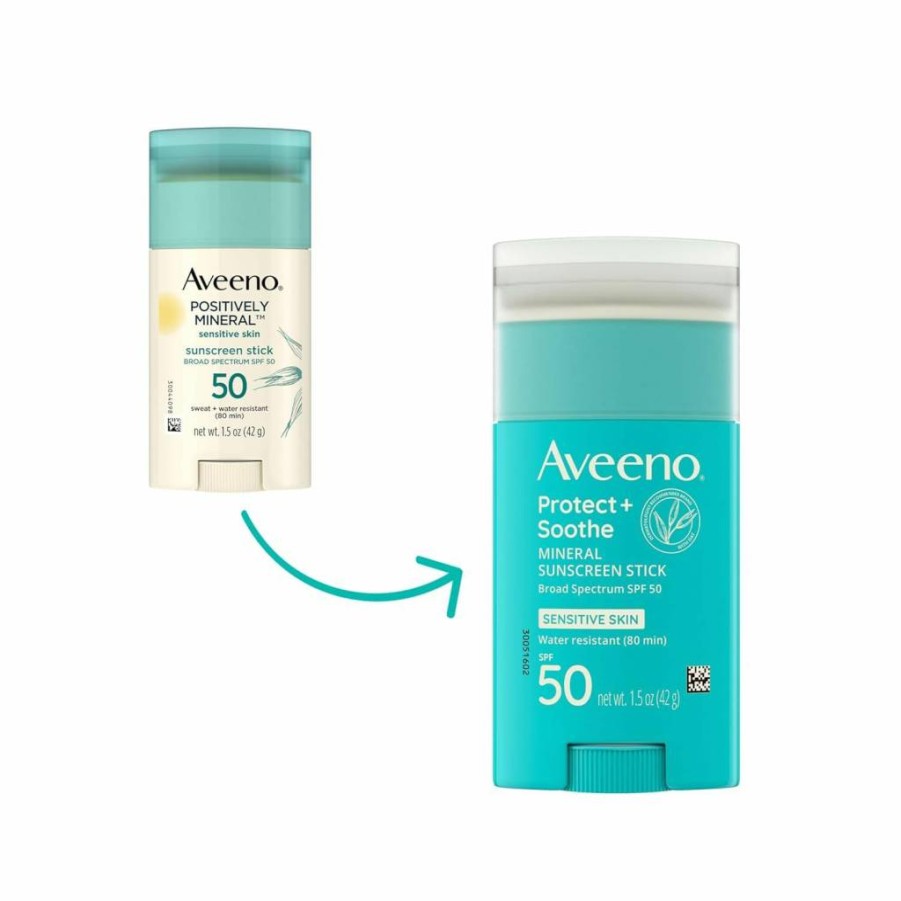 Aveeno Mineral Sunscreen Stick SPF 50 for Sensitive Skin, Fragrance-Free Zinc Oxide & Oat, Water-Resistant 80 Min, Travel Size 1.5 Oz, Face & Body Sun Protection