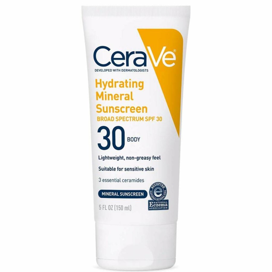 CeraVe Mineral Sunscreen SPF 30 for Body with Zinc Oxide & Titanium Dioxide, Hyaluronic Acid & Ceramides, Oil-Free, Non-Greasy, Hydrating, 5 oz