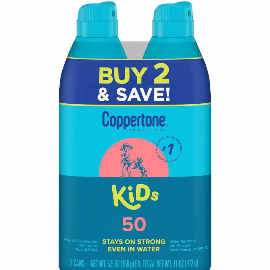 Coppertone Kids SPF 50 Sunscreen Spray, 5.5 Oz (Pack of 2) – Water-Resistant, UVA/UVB Protection, Gentle for Children, Packaging May Vary