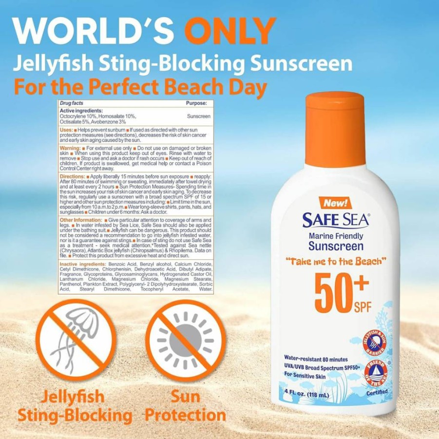 SAFE SEA SPF 50+ Sunscreen Lotion 4Oz – Waterproof, Biodegradable, Coral Reef-Safe, Jellyfish & Sea-Lice Sting Protection for Face & Body