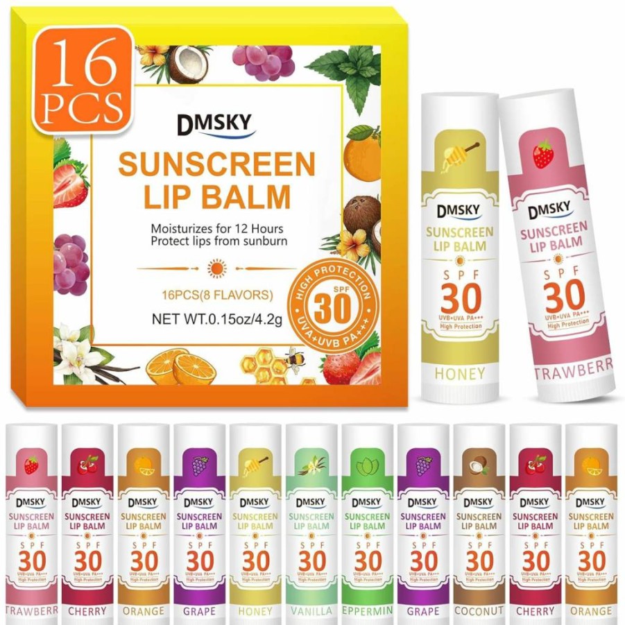 Dmsky 32 Pack SPF 30 Lip Balm Bulk with Vitamin E & Coconut Oil - 8 Assorted Flavors, Hydrating Lip Care with Sunscreen (32 Count)