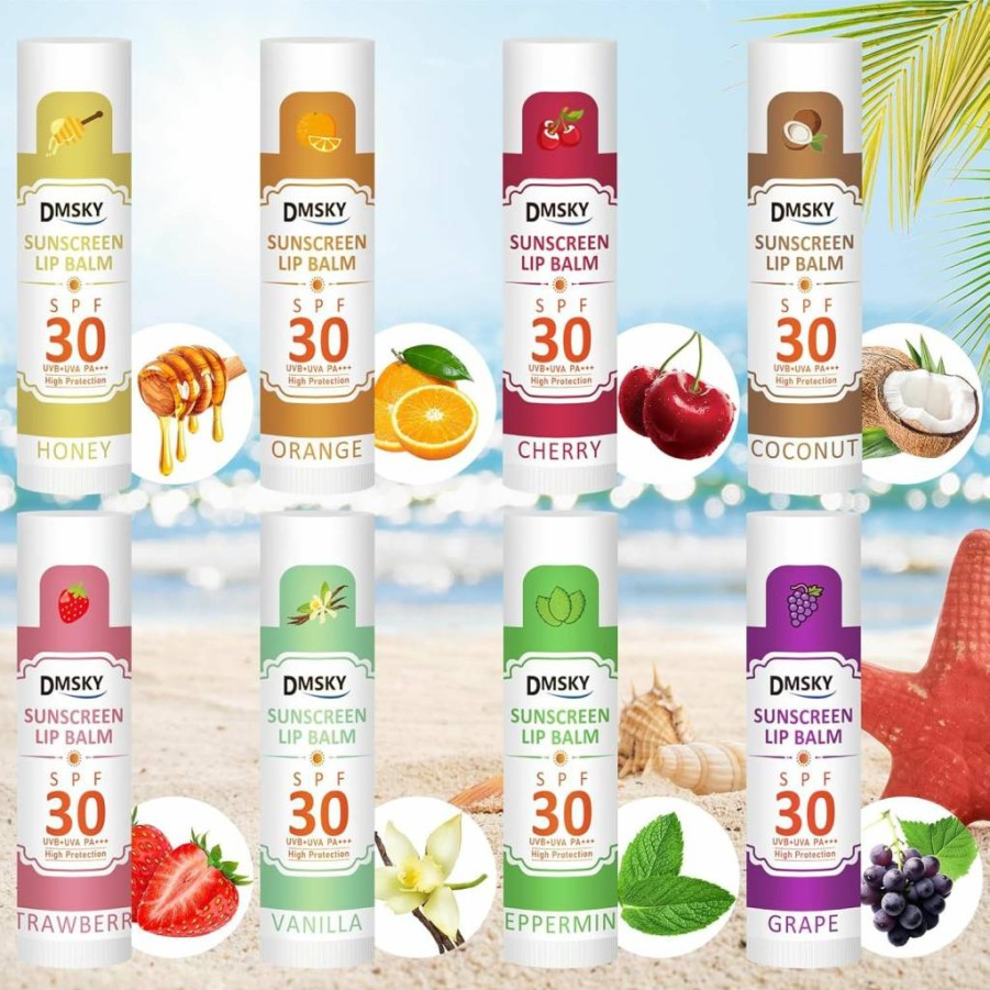 Dmsky 32 Pack SPF 30 Lip Balm Bulk with Vitamin E & Coconut Oil - 8 Assorted Flavors, Hydrating Lip Care with Sunscreen (32 Count)