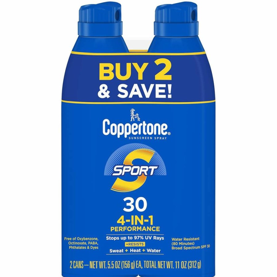 Coppertone Sport SPF 30 Sunscreen Spray – Water Resistant, Broad Spectrum UVA/UVB Protection, 5.5 Oz Twin Pack (Packaging May Vary)